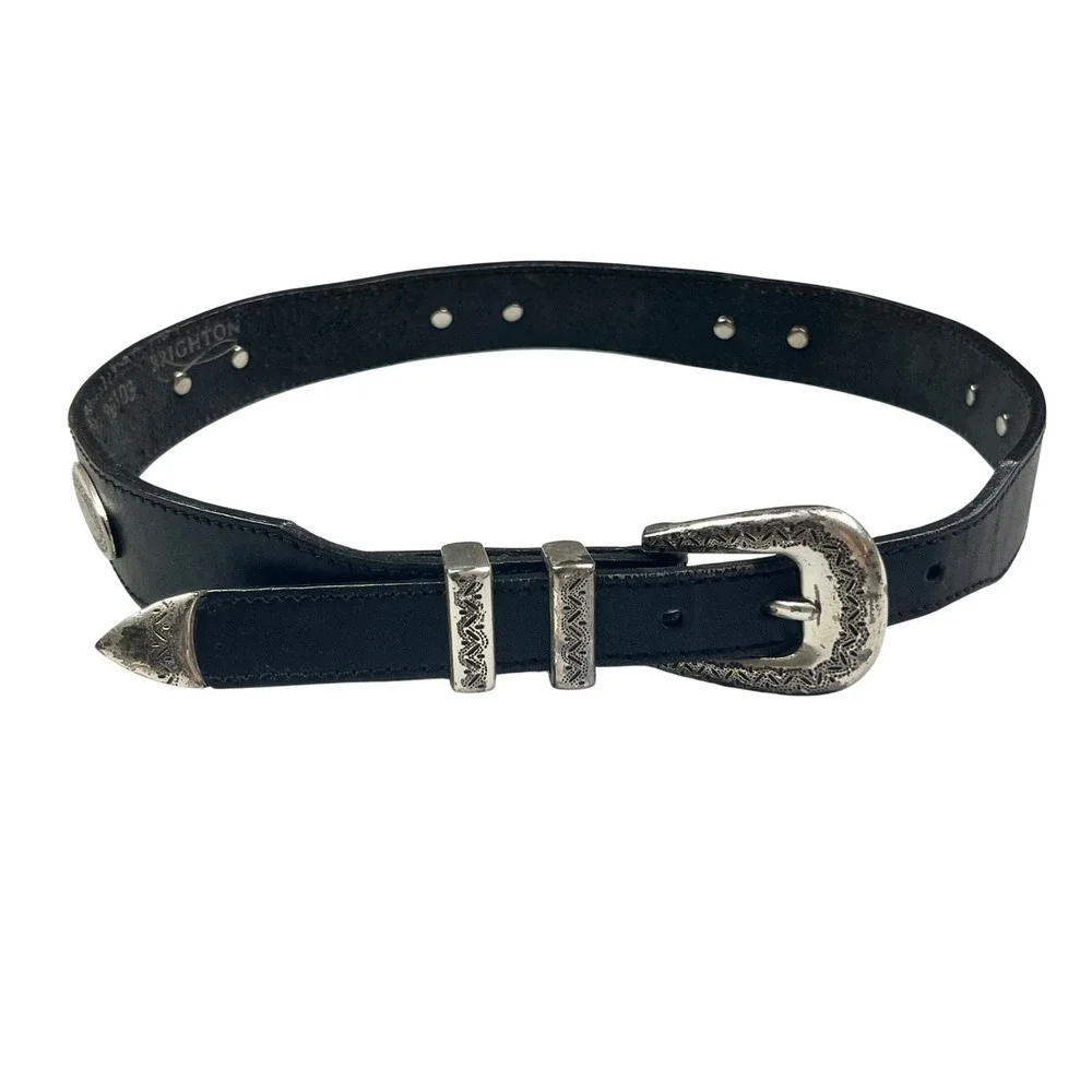Brighton Black Leather Western Concho Belt Silver Hardware Size 26  Womens